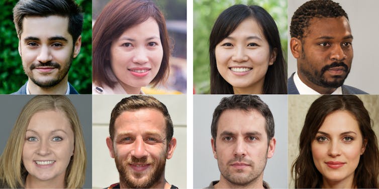 A group of human faces and a group of AI-generated faces