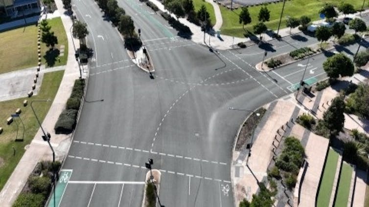 Aerial view of the intersection of Moreton Parade and Paper Avenue in Petrie, Queensland, where AI-powered traffic signals are being tested.