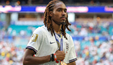MIAMI GARDENS, FLORIDA - JULY 18: Djed Spence #25 of England reacts after the FIFA World Cup 2026 Bronze Final between France and England at Miami Stadium on July 18, 2026 in Miami Gardens, Florida. (Photo by Buda Mendes/Getty Images) (inter links)