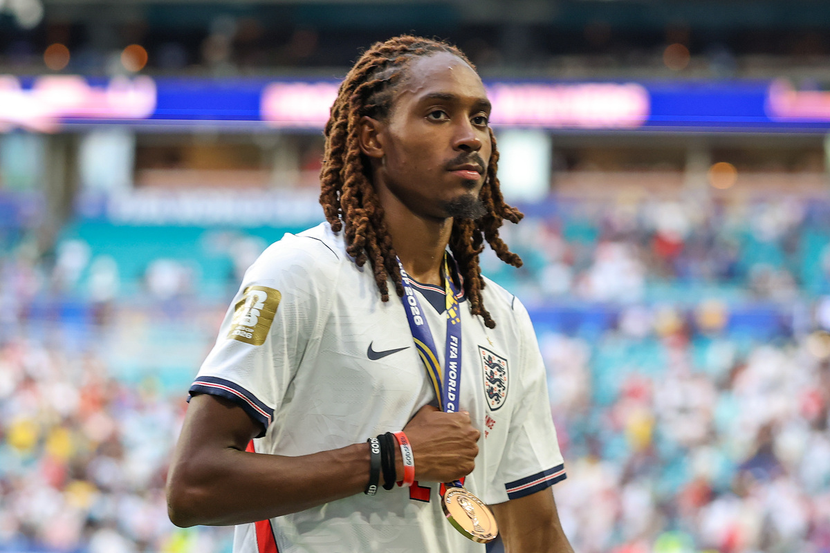 MIAMI GARDENS, FLORIDA - JULY 18: Djed Spence #25 of England reacts after the FIFA World Cup 2026 Bronze Final between France and England at Miami Stadium on July 18, 2026 in Miami Gardens, Florida. (Photo by Buda Mendes/Getty Images) (inter links)