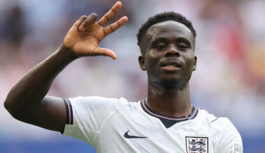Bukayo Saka #7 of England celebrates after scoring his team's fifth and hat trick goal during the FIFA World Cup 2026 Bronze Final between France a...