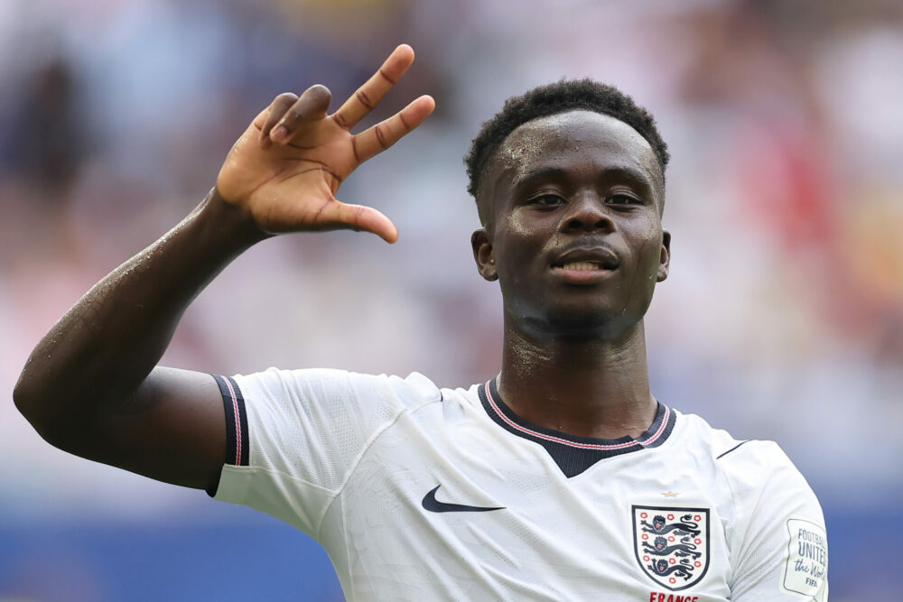 Bukayo Saka #7 of England celebrates after scoring his team's fifth and hat trick goal during the FIFA World Cup 2026 Bronze Final between France a...