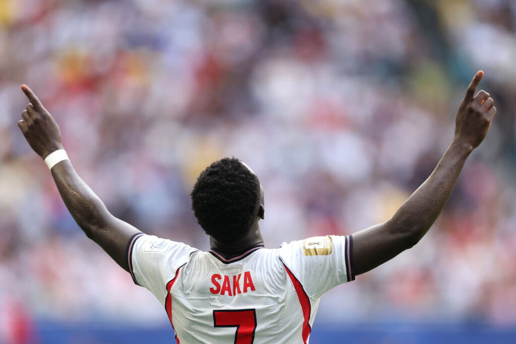 Bukayo Saka #7 of England celebrates after scoring his team's fifth and hat trick goal during the FIFA World Cup 2026 Bronze Final between France and England at Miami Stadium on July 18, 2026 in Miami