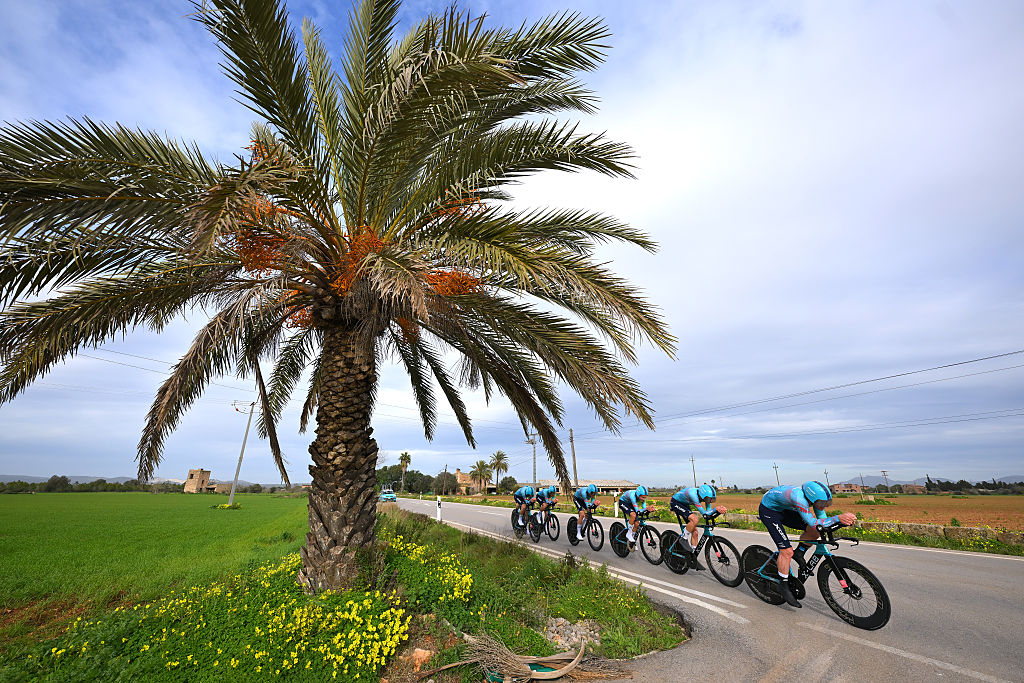 COLONIA DE SANT JORDI, SPAIN - JANUARY 29: Lev Gonov of Russia, Max Kanter of Germany, Arjen Livyns of Belgium, Gleb Syritsa of Russia, Mike Teunissen of Netherlands, Alessio Delle Vedove of Italy, Gustav Wang of Denmark and XDS Astana Team compete during the 35th Challenge Ciclista Mallorca 2026 - Trofeo Ses Salines a 23.8km team time trial race from Ses Salines to Colonia de Sant Jordi on January 29, 2026 in Colonia de Sant Jordi, Spain. (Photo by Tim de Waele/Getty Images)