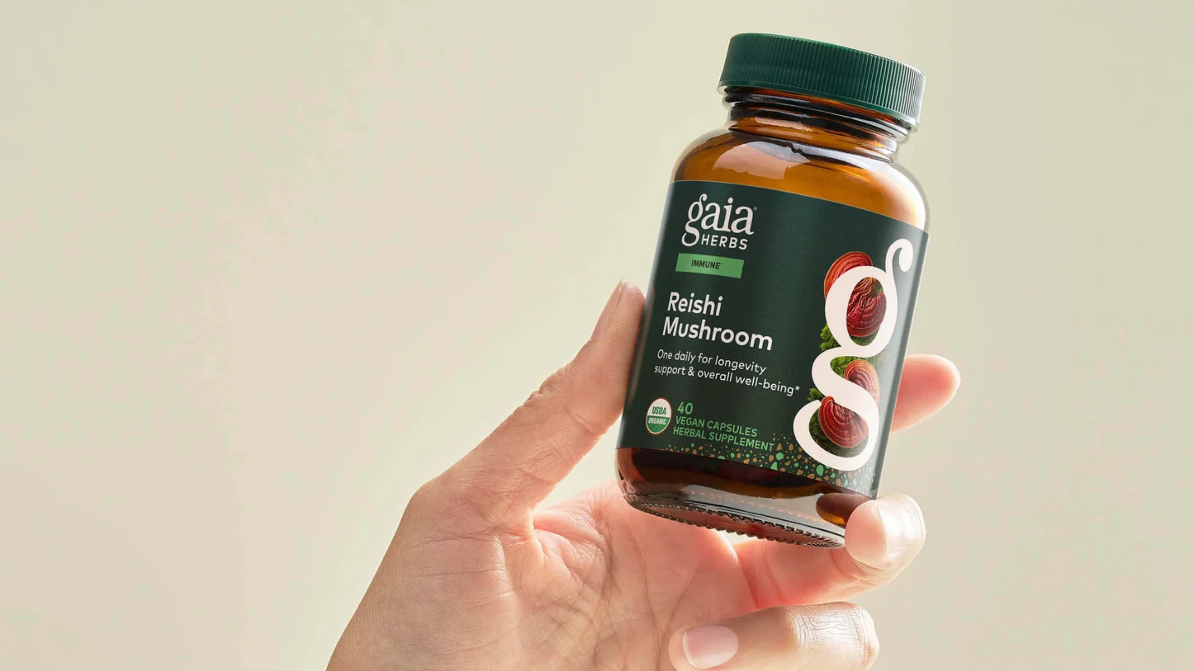 hand holding gaia mushroom supplement bottle