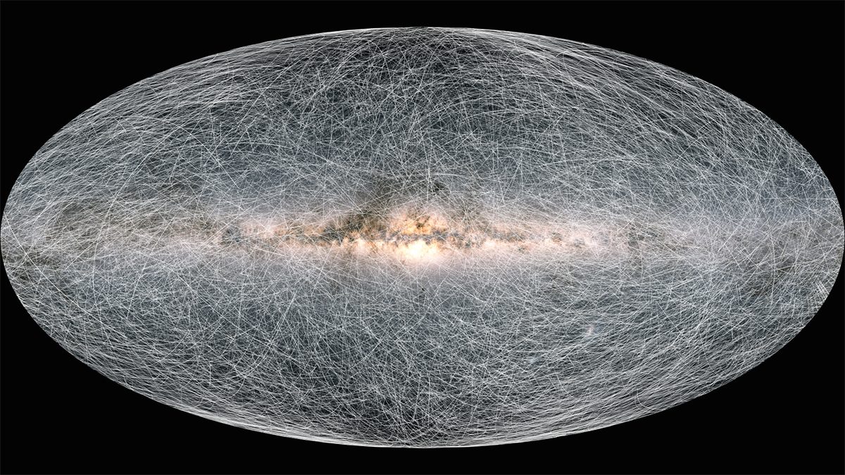 Trails on an image of the Milky Way showing how 40,000 nearby stars will move across the sky in the next 400 thousand years. Credit: ESA/Gaia/DPAC; CC BY-SA 3.0 IGO. Acknowledgement: A. Brown, S. Jordan, T. Roegiers, X. Luri, E. Masana, T. Prusti and A. Moitinho