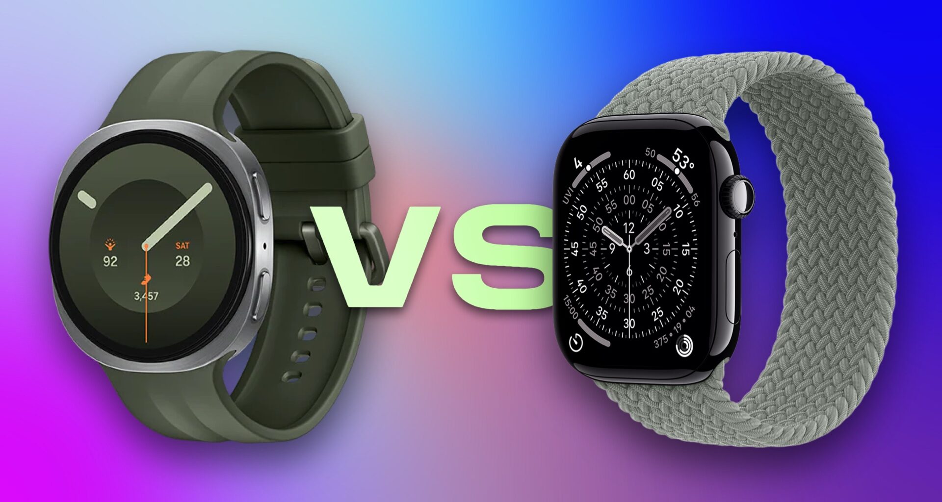 Two smartwatches against a purple background, separated by the text "VS".