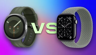 Two smartwatches against a purple background, separated by the text "VS".
