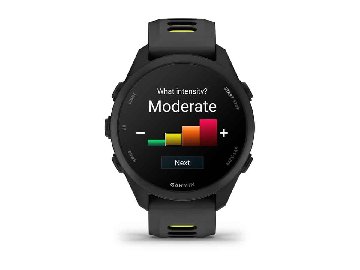 Garmin Forerunner 170 Music showing workout intensity screen
