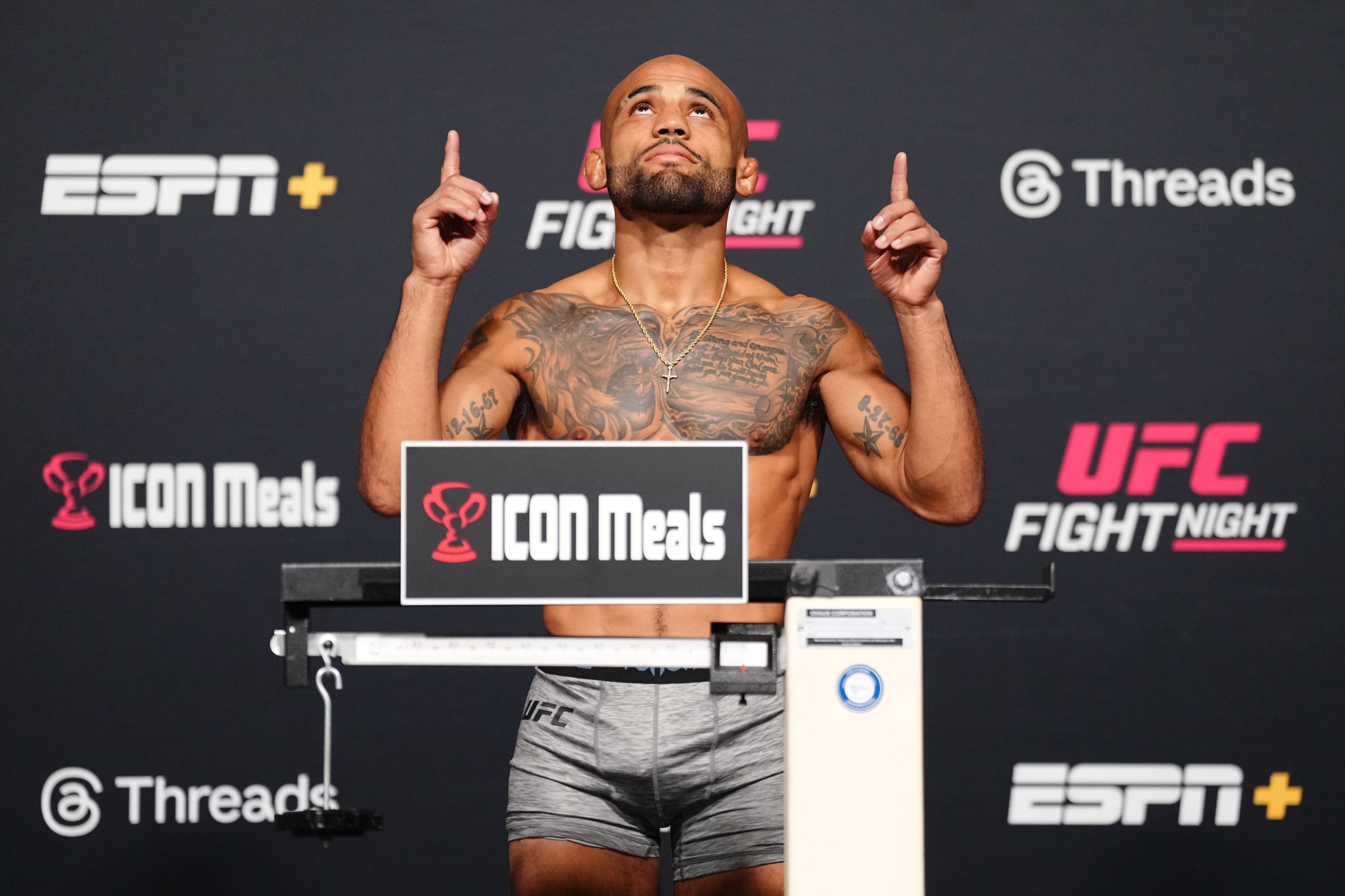 LAS VEGAS, NEVADA - AUGUST 08: Miles Johns poses on the scale during the UFC Fight Night weigh-in at UFC APEX on August 08, 2025 in Las Vegas, Nevada. (Photo by Jeff Bottari/Zuffa LLC)