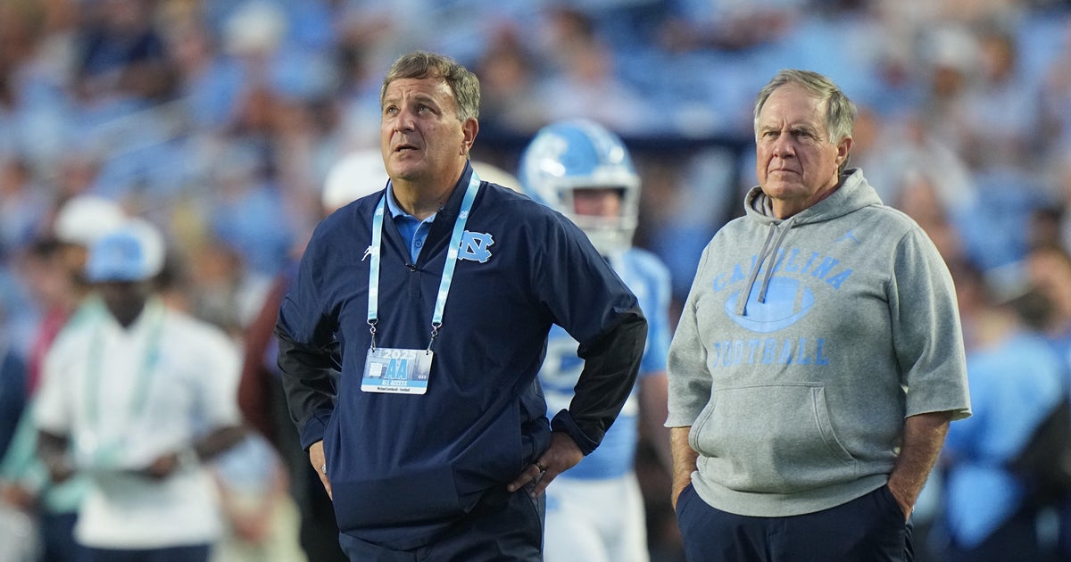 North Carolina head coach Bill Belichick and general manager Michael Lombardi look on from the sideline against TCU at Kenan Memorial Stadium in Chapel Hill, North Carolina, Sept. 1, 2025.