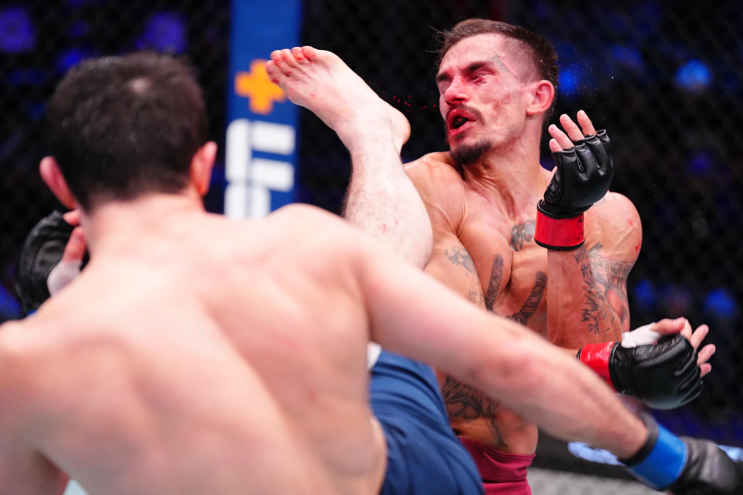 LAS VEGAS, NEVADA - OCTOBER 07: (L-R) Magomed Zaynukov of Russia kicks Lucas Caldas of Brazil in a lightweight fight during Dana White’s Contender Series season nine, week nine at UFC APEX on October 07, 2025 in Las Vegas, Nevada. (Photo by Chris Unger/Zuffa LLC)