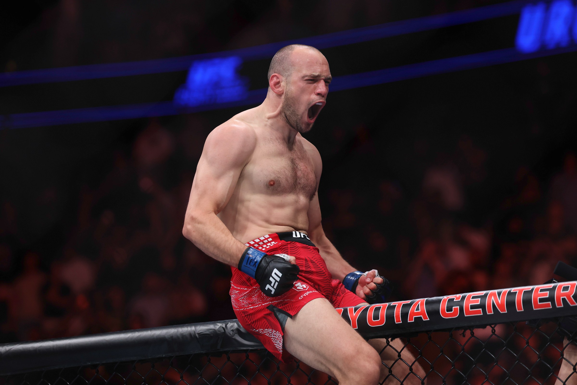 HOUSTON, TEXAS - FEBRUARY 21: Uros Medic reacts after knocking out Geoff Neal in a welterweight bout during UFC Fight Night at Toyota Center on February 21, 2026 in Houston, Texas. (Photo by Jack Gorman/Getty Images)