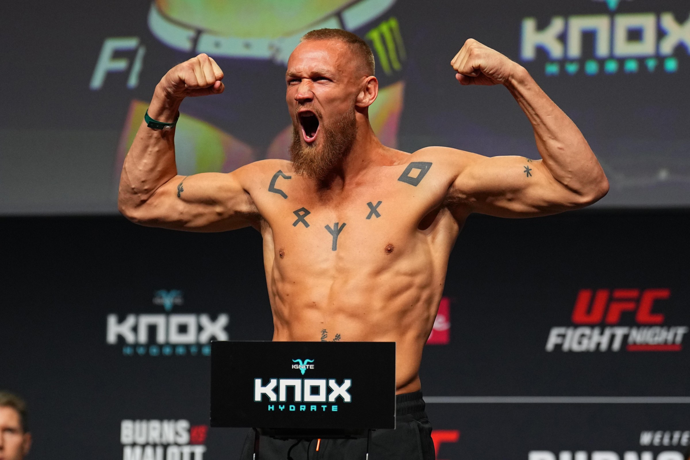 WINNIPEG, MANITOBA - APRIL 17: Robert Valentin of Switzerland poses on the scale during the UFC Fight Night ceremonial weigh-in at Canada Life Centre on April 17, 2026 in Winnipeg, Manitoba. (Photo by Chris Unger/Zuffa LLC)