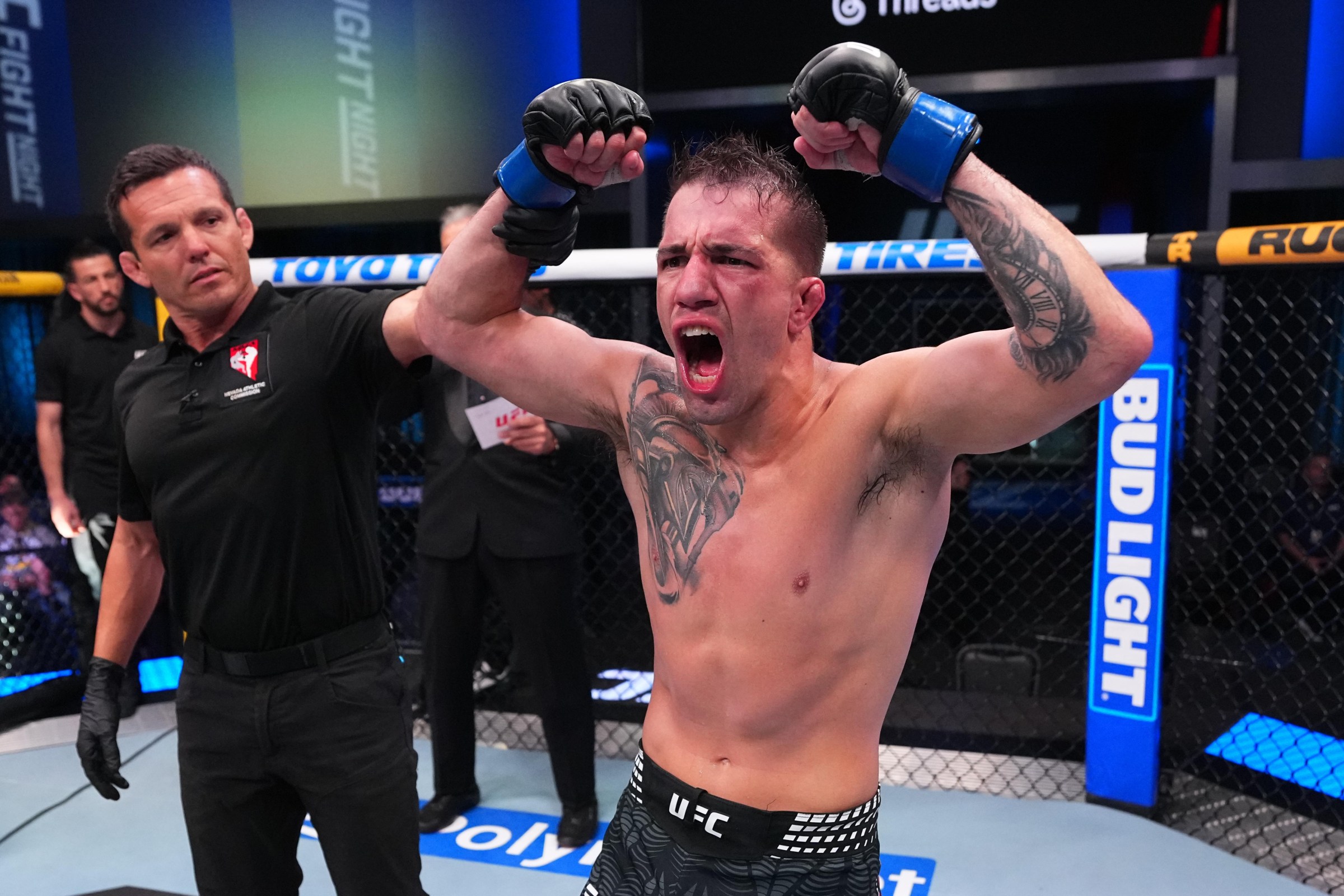 LAS VEGAS, NEVADA - APRIL 25: Cody Durden reacts after a victory against Jafel Filho of Brazil in a bantamweight fight during the UFC Fight Night event at Meta APEX on April 25, 2026 in Las Vegas, Nevada. (Photo by Jeff Bottari/Zuffa LLC)