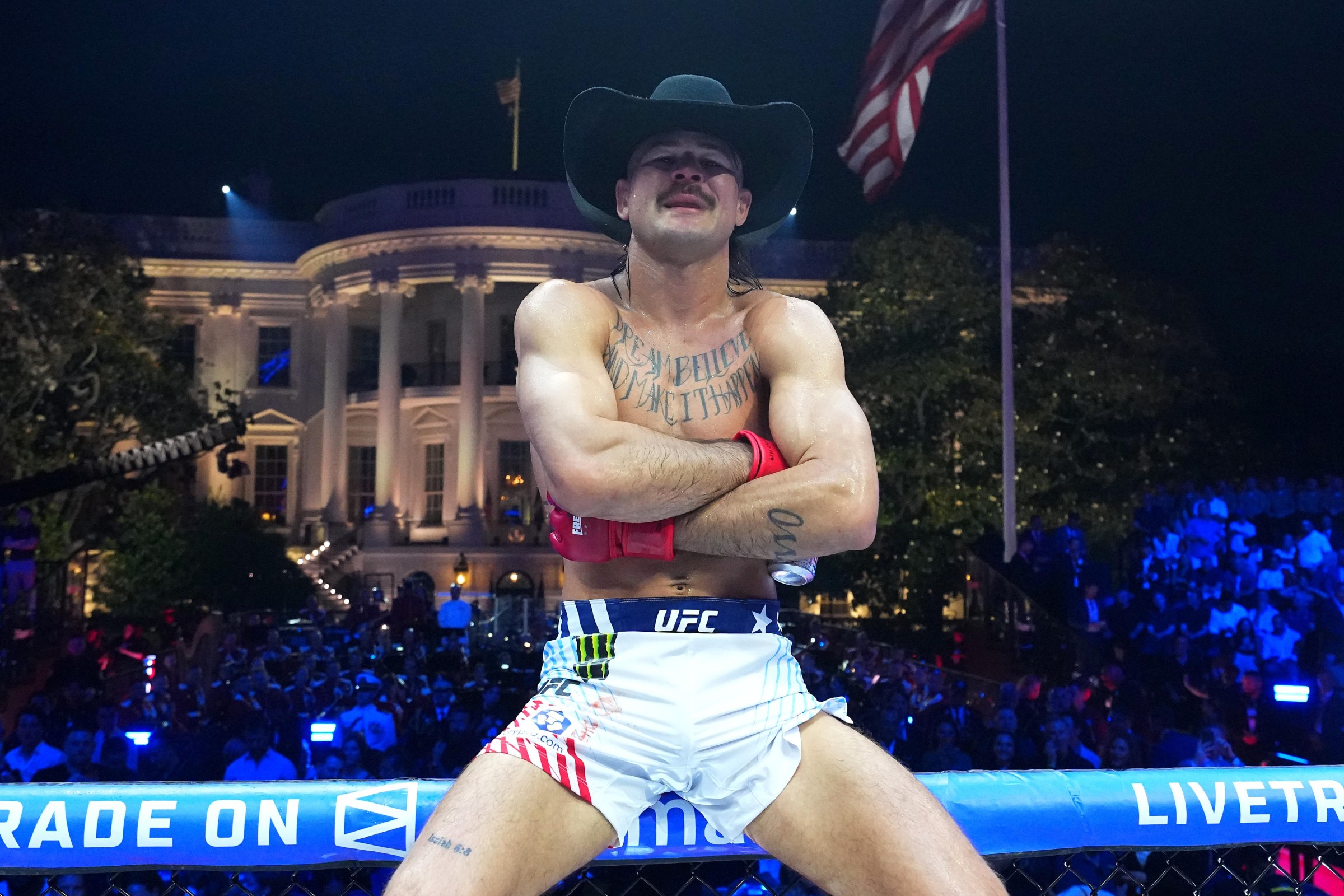 WASHINGTON, DC - JUNE 14: Diego Lopes of Brazil celebrates a win against Steve Garcia in a featherweight fight during the UFC Freedom 250 event on the South Lawn at the White House on June 14, 2026 in Washington, DC. (Photo by Jeff Bottari/Zuffa LLC)