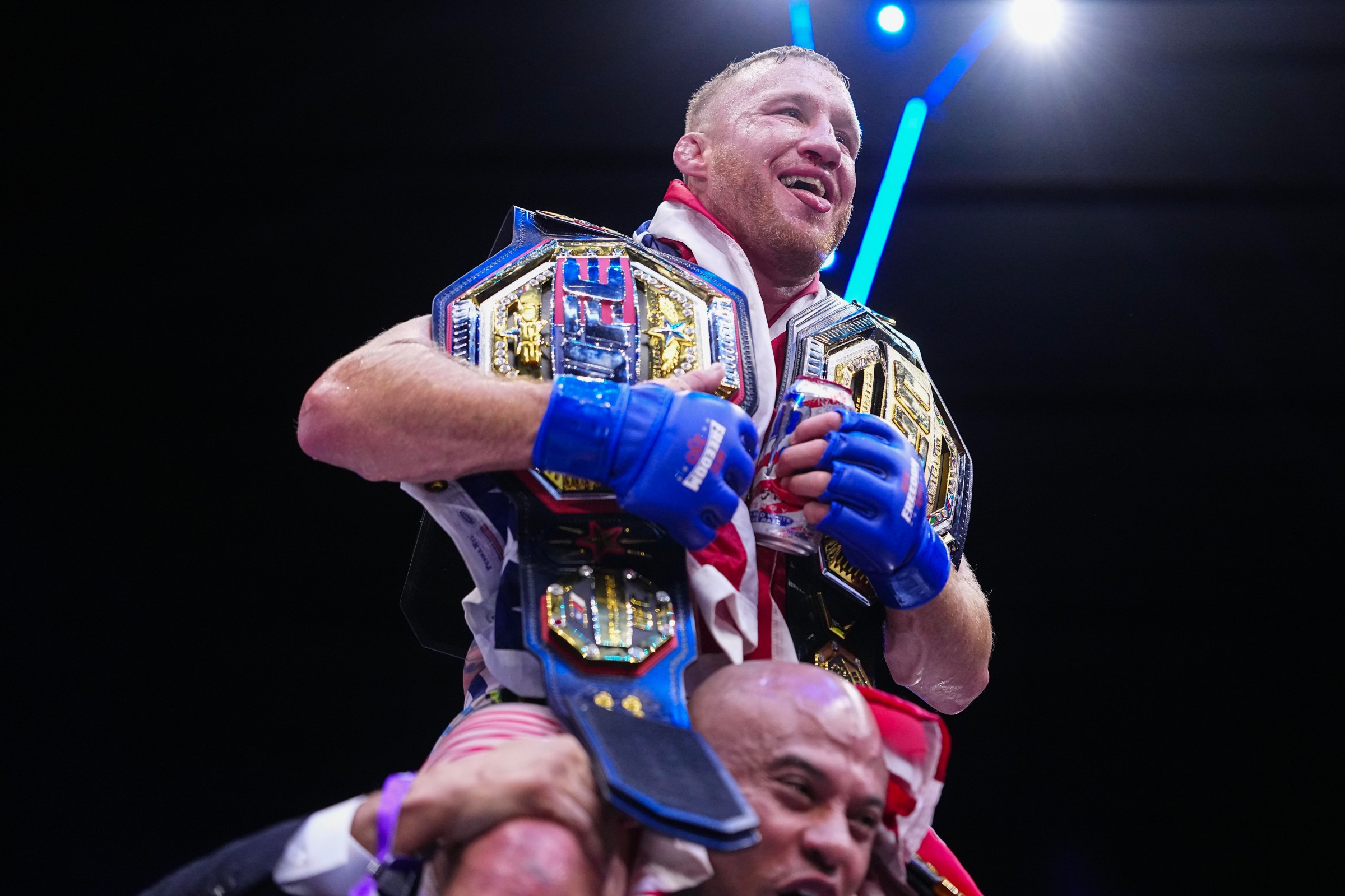 WASHINGTON, DC - JUNE 14: Justin Gaethje celebrates his UFC lightweight championship after defeating Ilia Topuria during the UFC Freedom 250 event on the South Lawn at the White House on June 14, 2026 in Washington, DC. (Photo by Chris Unger/Zuffa LLC)