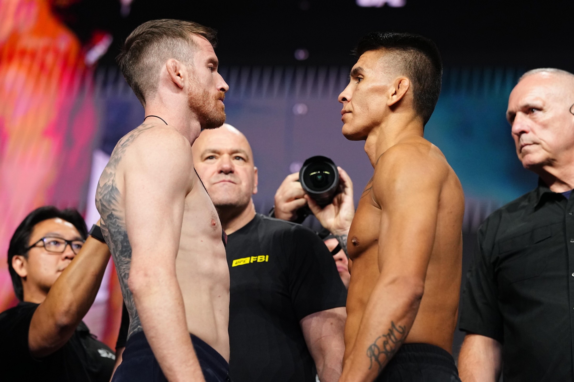 LAS VEGAS, NEVADA - JULY 10: (L-R) Cory Sandhagen faces off against Mario Bautista during the UFC 329 ceremonial weigh-in at T-Mobile Arena on July 10, 2026 in Las Vegas, Nevada. (Photo by Chris Unger/Zuffa LLC)