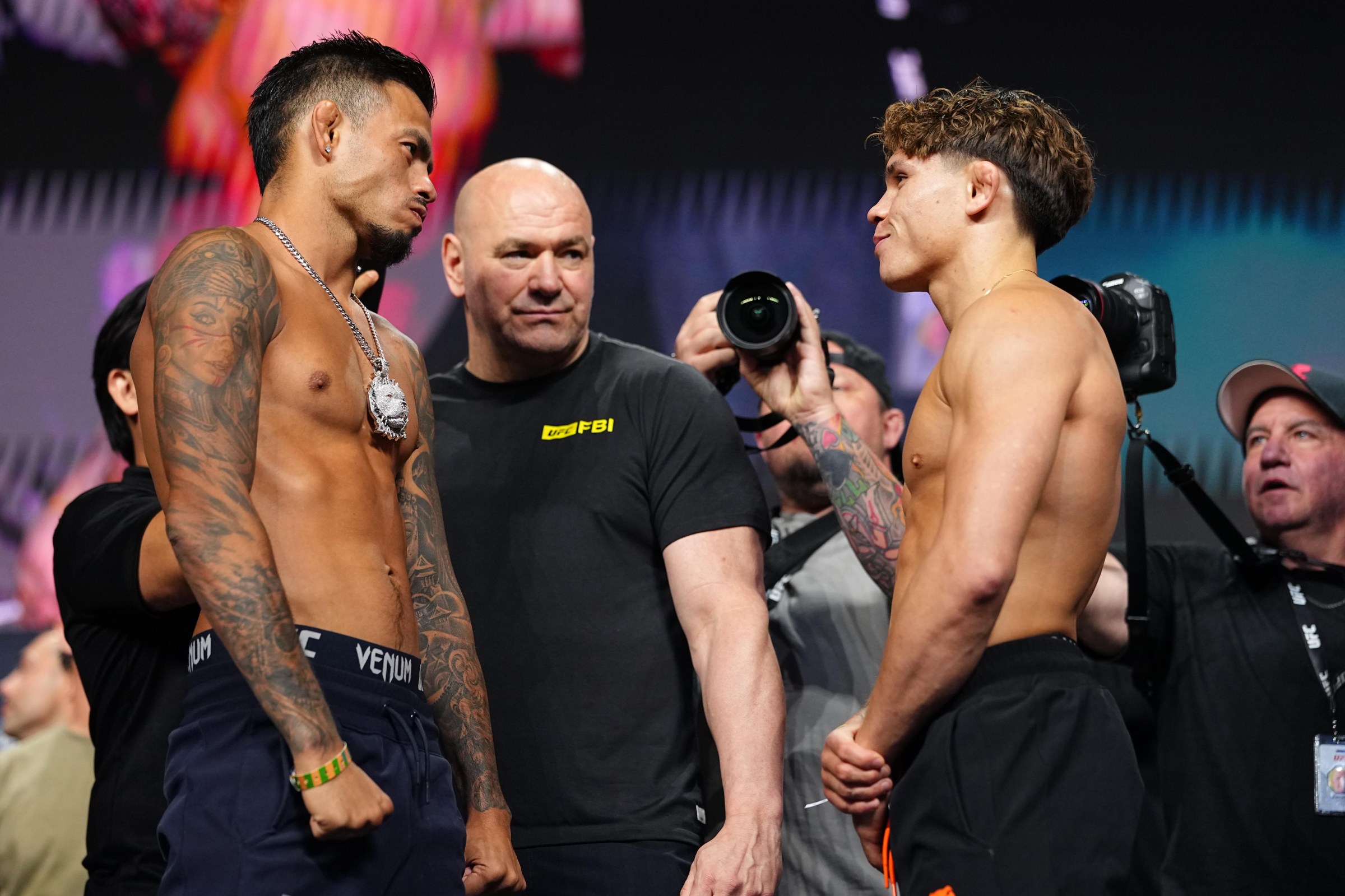 LAS VEGAS, NEVADA - JULY 10: (L-R) Brandon Royval faces off against Lone’er Kavanagh during the UFC 329 ceremonial weigh-in at T-Mobile Arena on July 10, 2026 in Las Vegas, Nevada. (Photo by Chris Unger/Zuffa LLC)