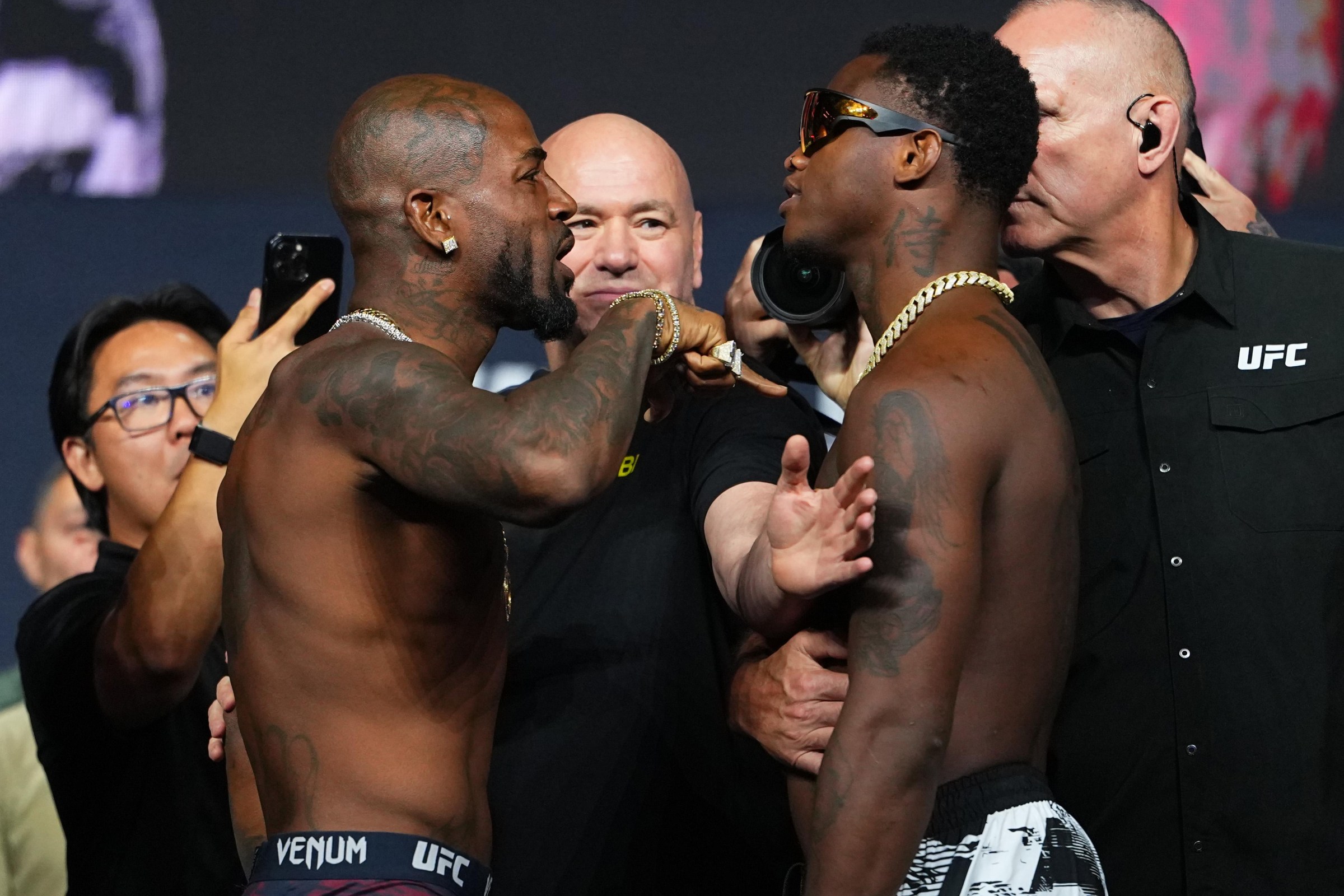 LAS VEGAS, NEVADA - JULY 10: (L-R) King Green faces off against Terrance Mckinney during the UFC 329 ceremonial weigh-in at T-Mobile Arena on July 10, 2026 in Las Vegas, Nevada. (Photo by Jeff Bottari/Zuffa LLC)