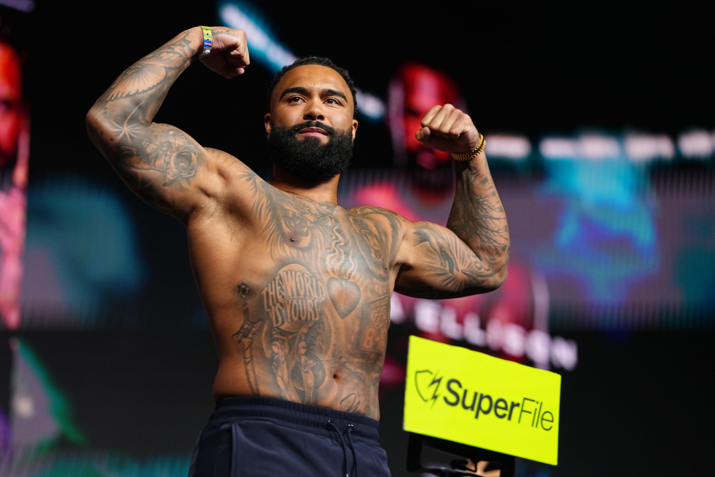 LAS VEGAS, NEVADA - JULY 10: Gable Steveson steps on the scale during the UFC 329 ceremonial weigh-in at T-Mobile Arena on July 10, 2026 in Las Vegas, Nevada. (Photo by Chris Unger/Zuffa LLC)