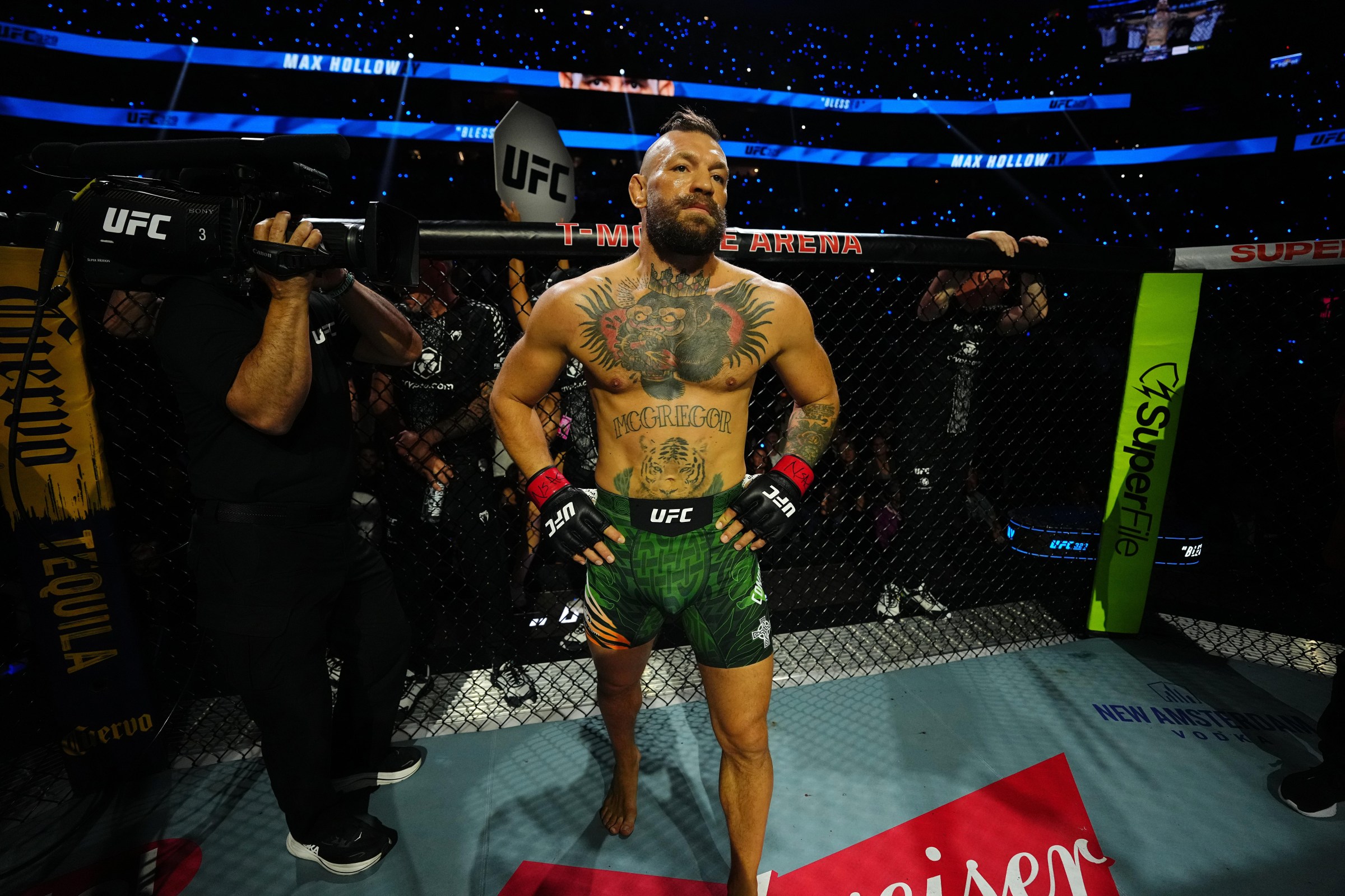 LAS VEGAS, NEVADA - JULY 11: Conor McGregor of Ireland enters the Octagon in a welterweight fight during the UFC 329 event at T-Mobile Arena on July 11, 2026 in Las Vegas, Nevada. (Photo by Jeff Bottari/Zuffa LLC)