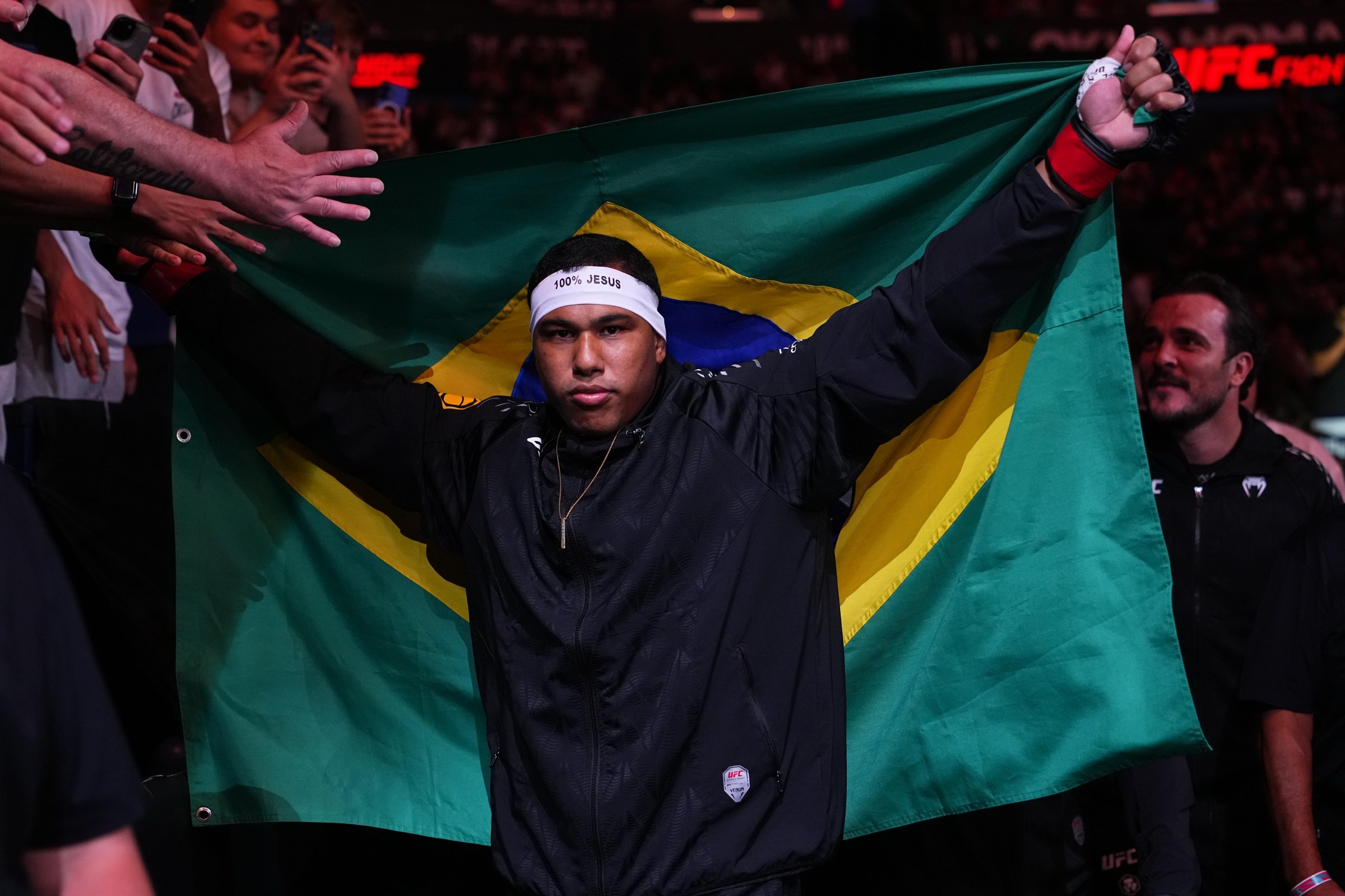 OKLAHOMA CITY, OKLAHOMA - JULY 18: Levi Rodrigues Jr. of Brazil prepares to face Felipe Franco of Brazil in a light heavyweight fight during the UFC Fight Night event at Paycom Center on July 18, 2026 in Oklahoma City, Oklahoma. (Photo by Jeff Bottari/Zuffa LLC)