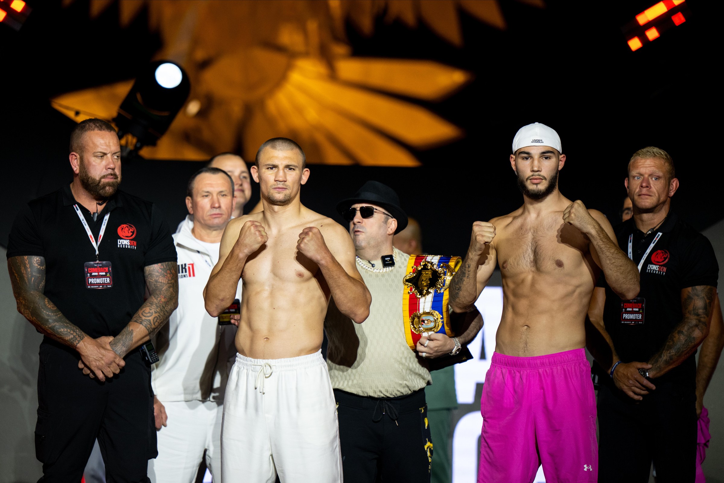 JEDDAH, SAUDI ARABIA - JULY 24: Oleksandr Khyzhniak (L) and Lenny Patrach (R) gesture to the crowd after weighing in during the Anthony Joshua v Kristian Prenga: The Comeback weigh in at Jeddah Promenade on July 24, 2026 in Jeddah, Saudi Arabia. (Photo by Khalid Alhaj/MB Media/Getty Images)