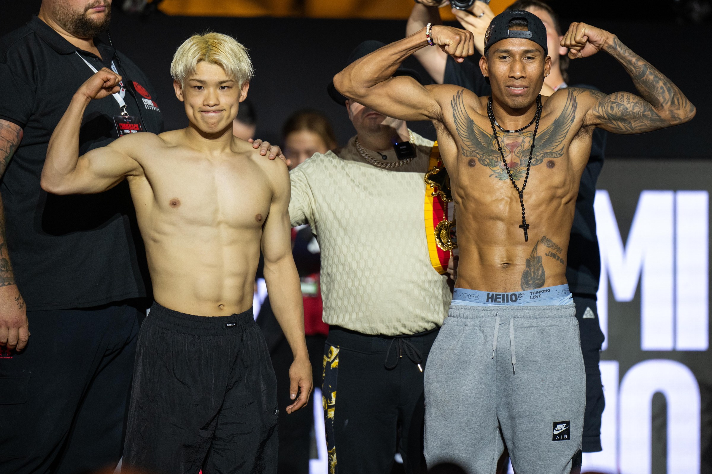 JEDDAH, SAUDI ARABIA - JULY 24: Reito Tsutsumi (L) and Alvino Herrera Mezaduring (R) gesture after weighing in the Anthony Joshua v Kristian Prenga: The Comeback weigh in at Jeddah Promenade on July 24, 2026 in Jeddah, Saudi Arabia. (Photo by Khalid Alhaj/MB Media/Getty Images)
