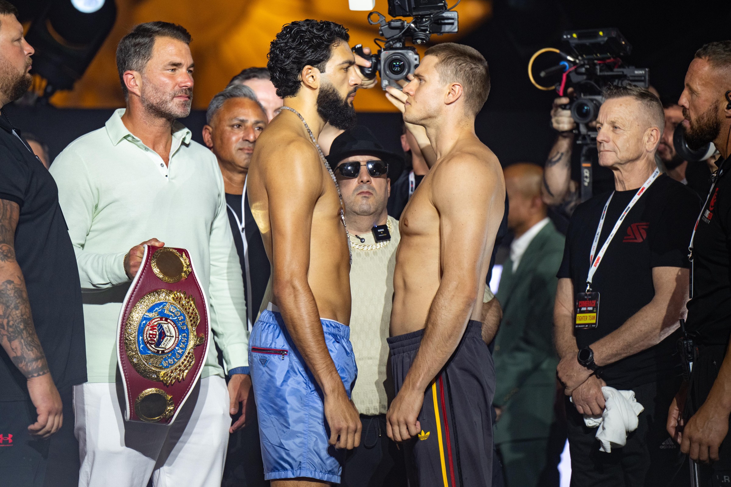 JEDDAH, SAUDI ARABIA - JULY 24: Hamzah Sheeraz (L) and Simon Zachenhuber (R) face off after weighing in during the Anthony Joshua v Kristian Prenga: The Comeback weigh in at Jeddah Promenade on July 24, 2026 in Jeddah, Saudi Arabia. (Photo by Khalid Alhaj/MB Media/Getty Images)