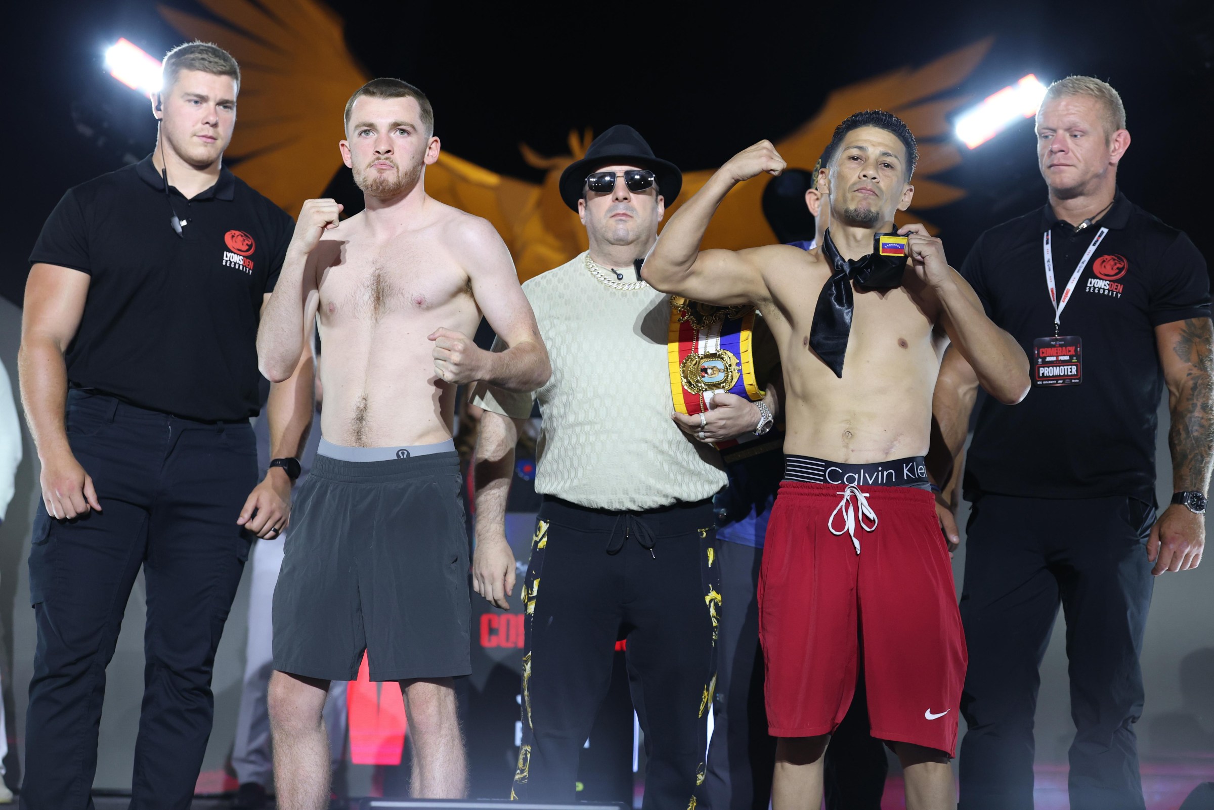 JEDDAH, SAUDI ARABIA - JULY 24: Mikie Tallon (left) and Orlando Pino (right) Weigh In ahead of their Flyweight Contest tomorrow night, during the Anthony Joshua v Kristian Prenga: The Comeback weigh in at Jeddah Promenade on July 24, 2026 in Jeddah, Saudi Arabia. (Photo by Mark Robinson/Matchroom Boxing/Getty Images)