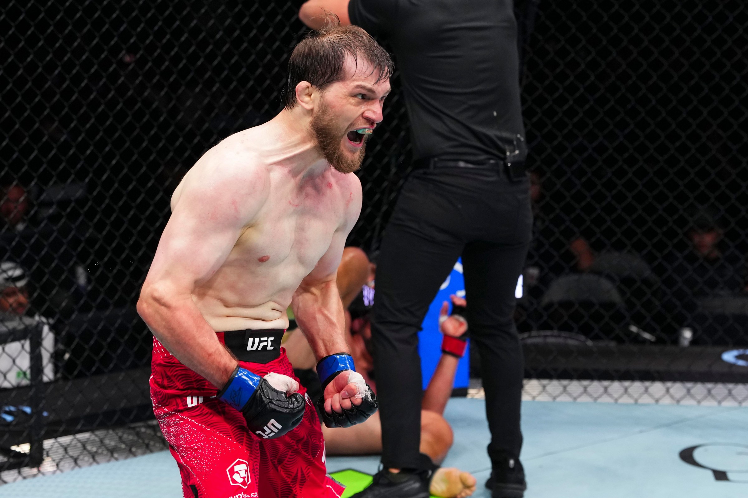 ABU DHABI, UNITED ARAB EMIRATES - JULY 24: Muhammad Saidov celebrates after fighting against Dustin Jacoby in their light heavyweight fight during the UFC Fight Night event at Etihad Arena July 24, 2026 in Yas Island, Abu Dhabi, United Arab Emirates. (Photo by Josh Hedges/Zuffa LLC via Getty Images)
