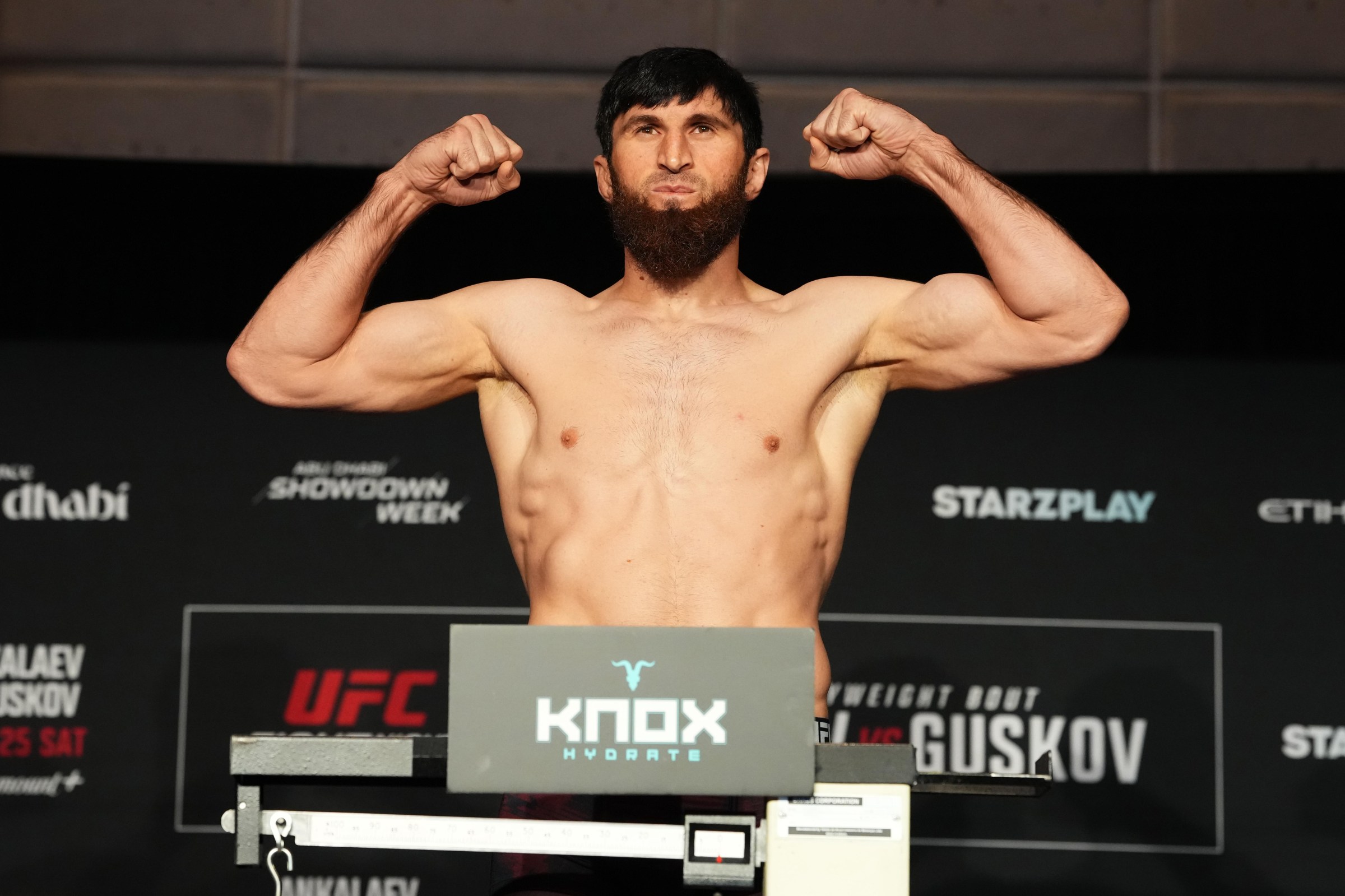 ABU DHABI, UNITED ARAB EMIRATES - JULY 24: Magomed Ankalaev of Russia poses on the scale during the UFC Fight Night official weigh-in at the Hilton Yas Island on July 24, 2026 in Abu Dhabi, United Arab Emirates. (Photo by Josh Hedges/Zuffa LLC)