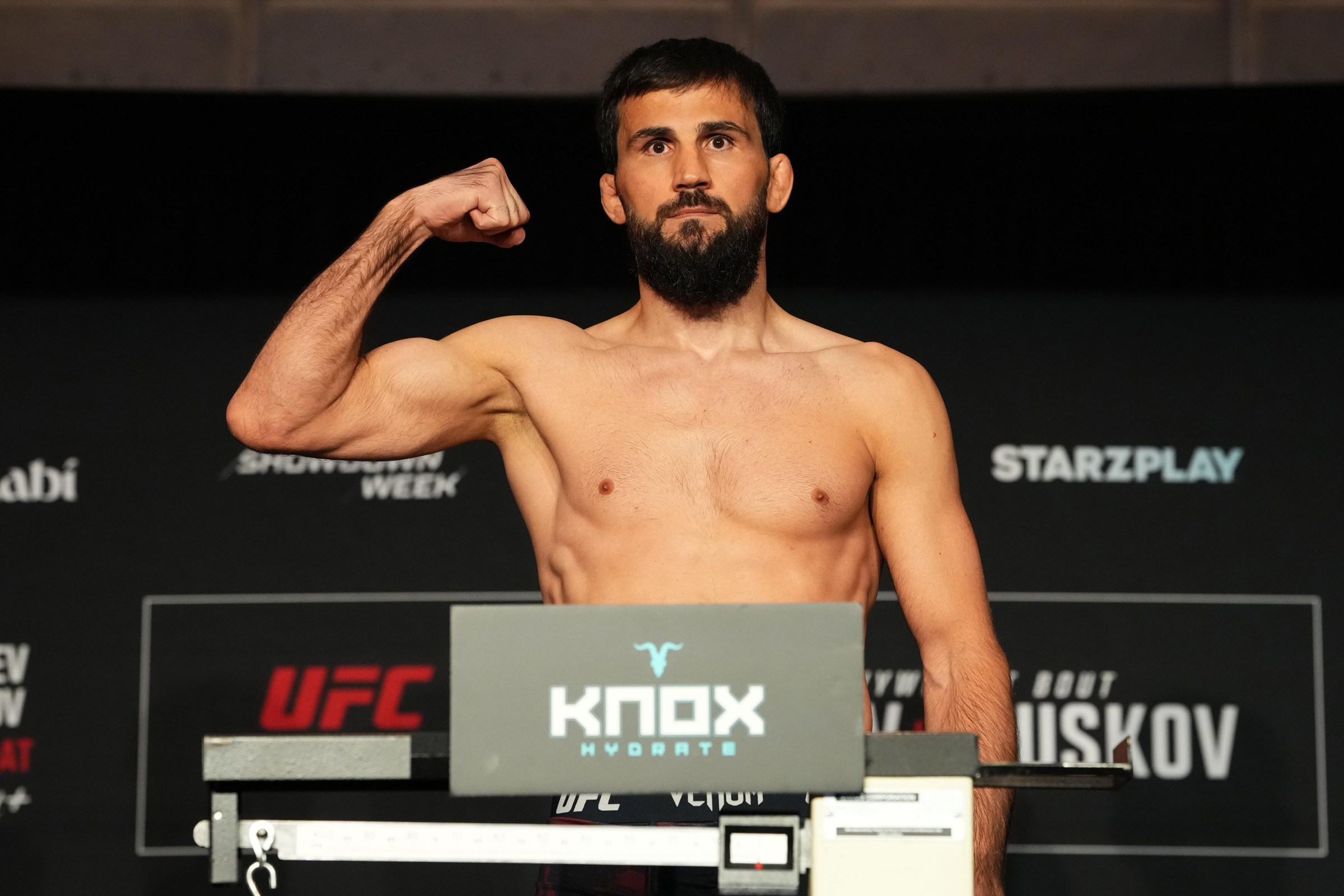 ABU DHABI, UNITED ARAB EMIRATES - JULY 24: Abubakar Vagaev of Russia poses on the scale during the UFC Fight Night official weigh-in at the Hilton Yas Island on July 24, 2026 in Abu Dhabi, United Arab Emirates. (Photo by Josh Hedges/Zuffa LLC)