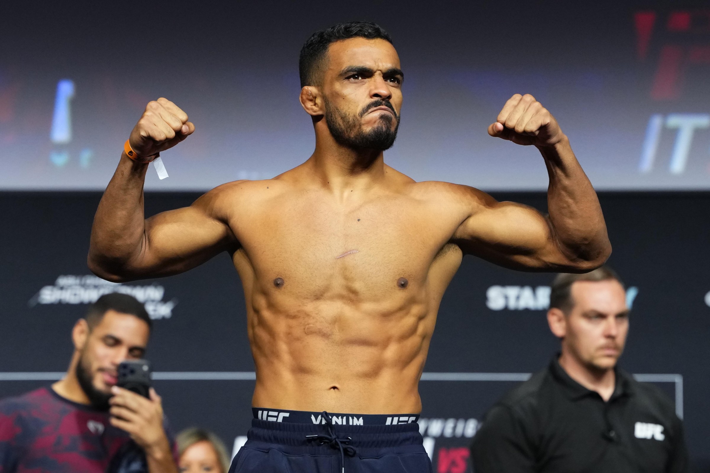 ABU DHABI, UNITED ARAB EMIRATES - JULY 24: Ismael Bonfim of Brazil poses on the scale during the UFC Fight Night ceremonial weigh-in at Etihad Arena on July 24, 2026 in Abu Dhabi, United Arab Emirates. (Photo by Josh Hedges/Zuffa LLC)