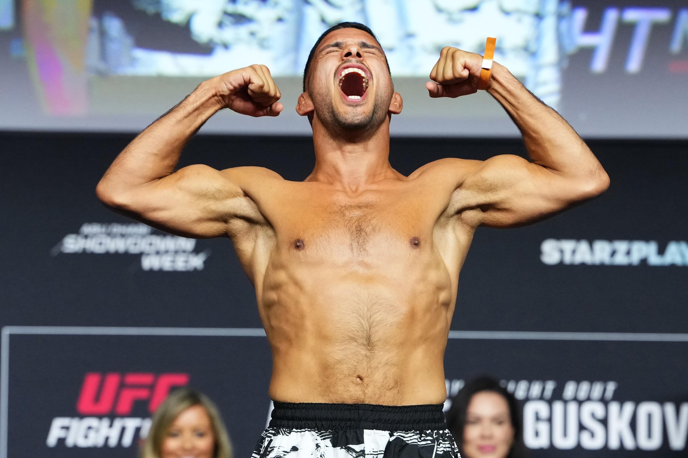 ABU DHABI, UNITED ARAB EMIRATES - JULY 24: Abdul Hussein of Lebanon poses on the scale during the UFC Fight Night ceremonial weigh-in at Etihad Arena on July 24, 2026 in Abu Dhabi, United Arab Emirates. (Photo by Josh Hedges/Zuffa LLC)