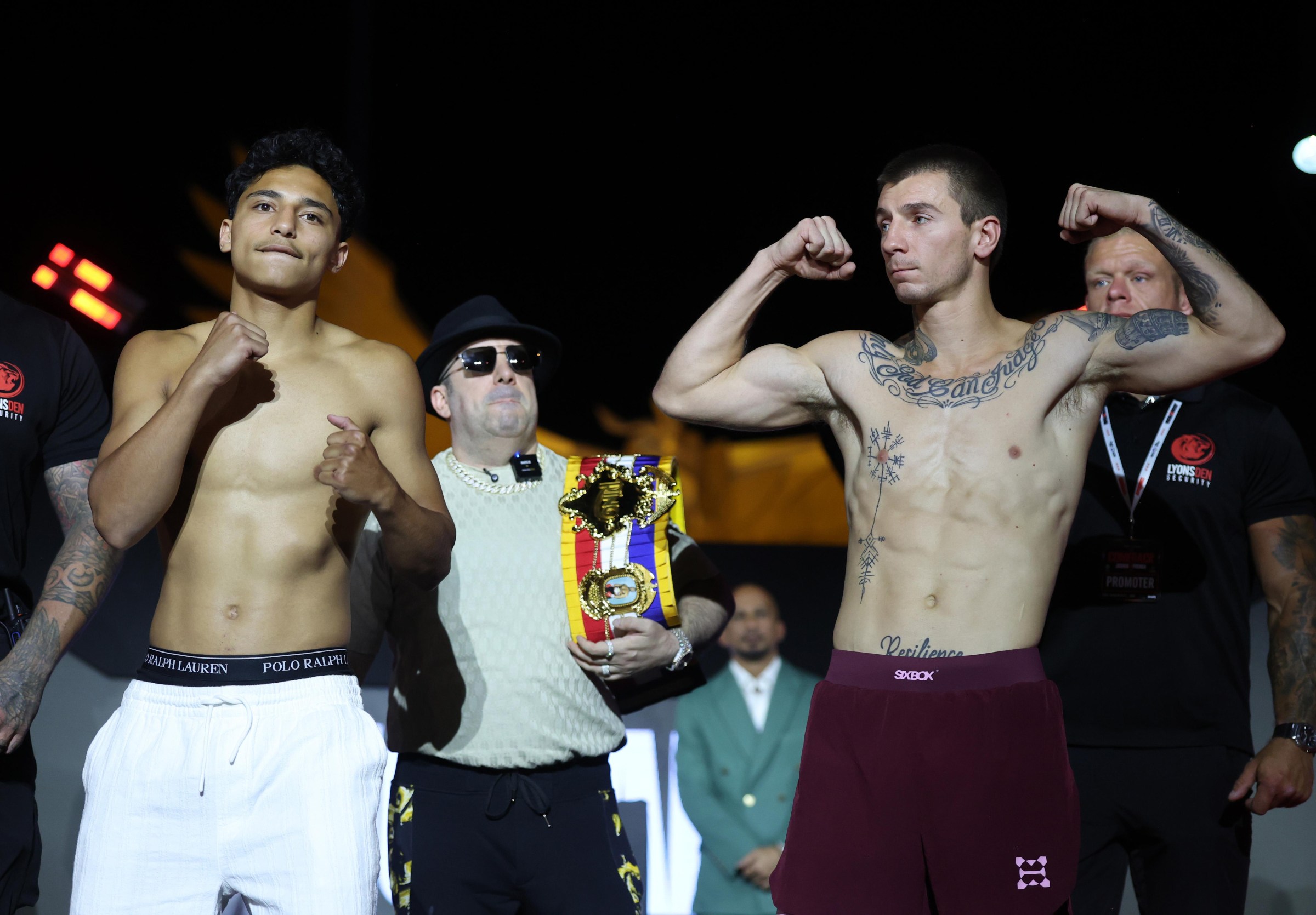 JEDDAH, SAUDI ARABIA - JULY 24: Sultan Almohammed and Efren Besalduch featherweight boxers face of during the Anthony Joshua v Kristian Prenga: The Comeback weigh in at Jeddah Promenade on July 24, 2026 in Jeddah, . (Photo by Richard Pelham/Getty Images)