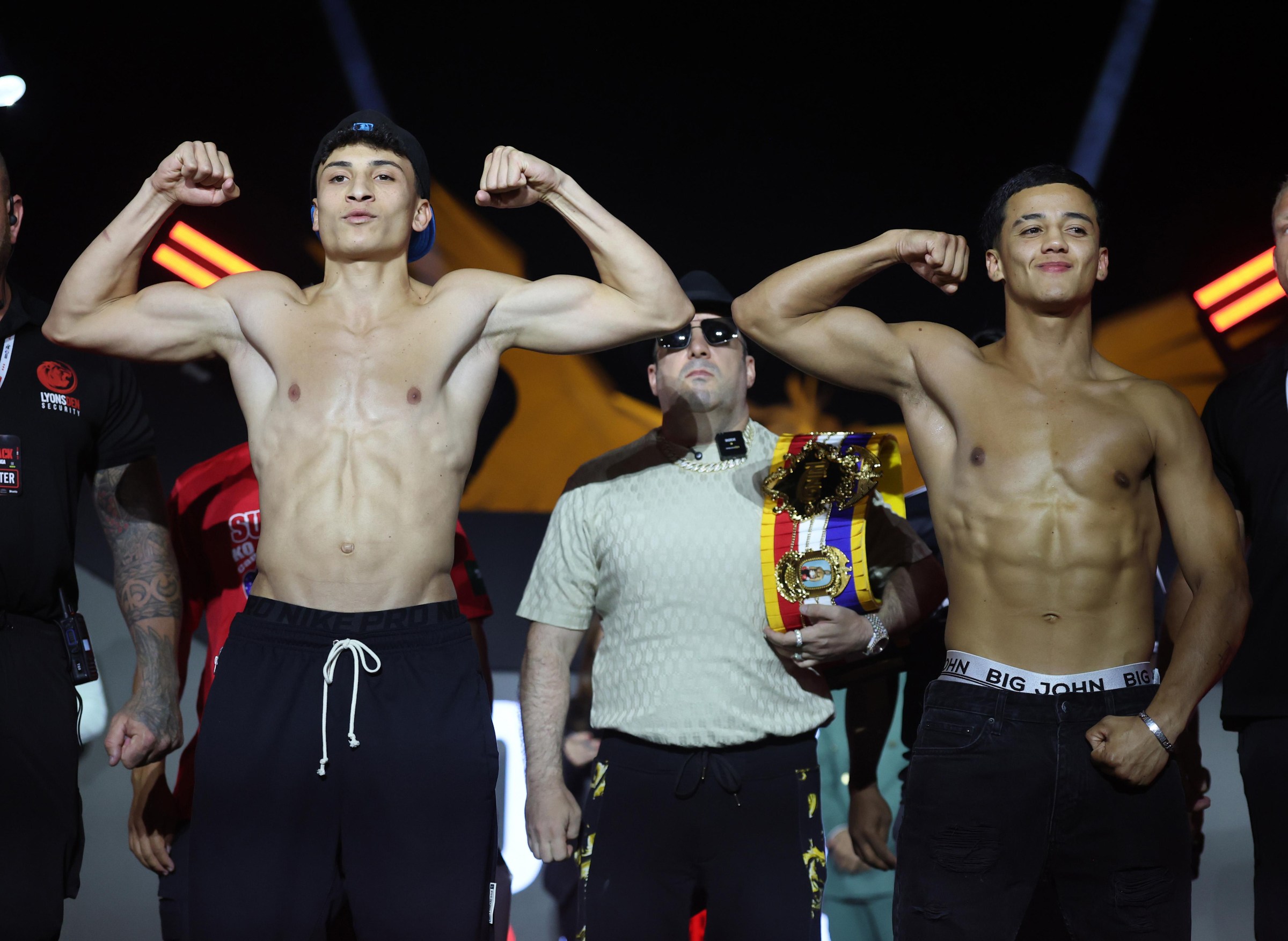 JEDDAH, SAUDI ARABIA - JULY 24: Mohamed Mabrouk and Bryan Zapata Super lightweight boxers face off during the Anthony Joshua v Kristian Prenga: The Comeback weigh in at Jeddah Promenade on July 24, 2026 in Jeddah, . (Photo by Richard Pelham/Getty Images)