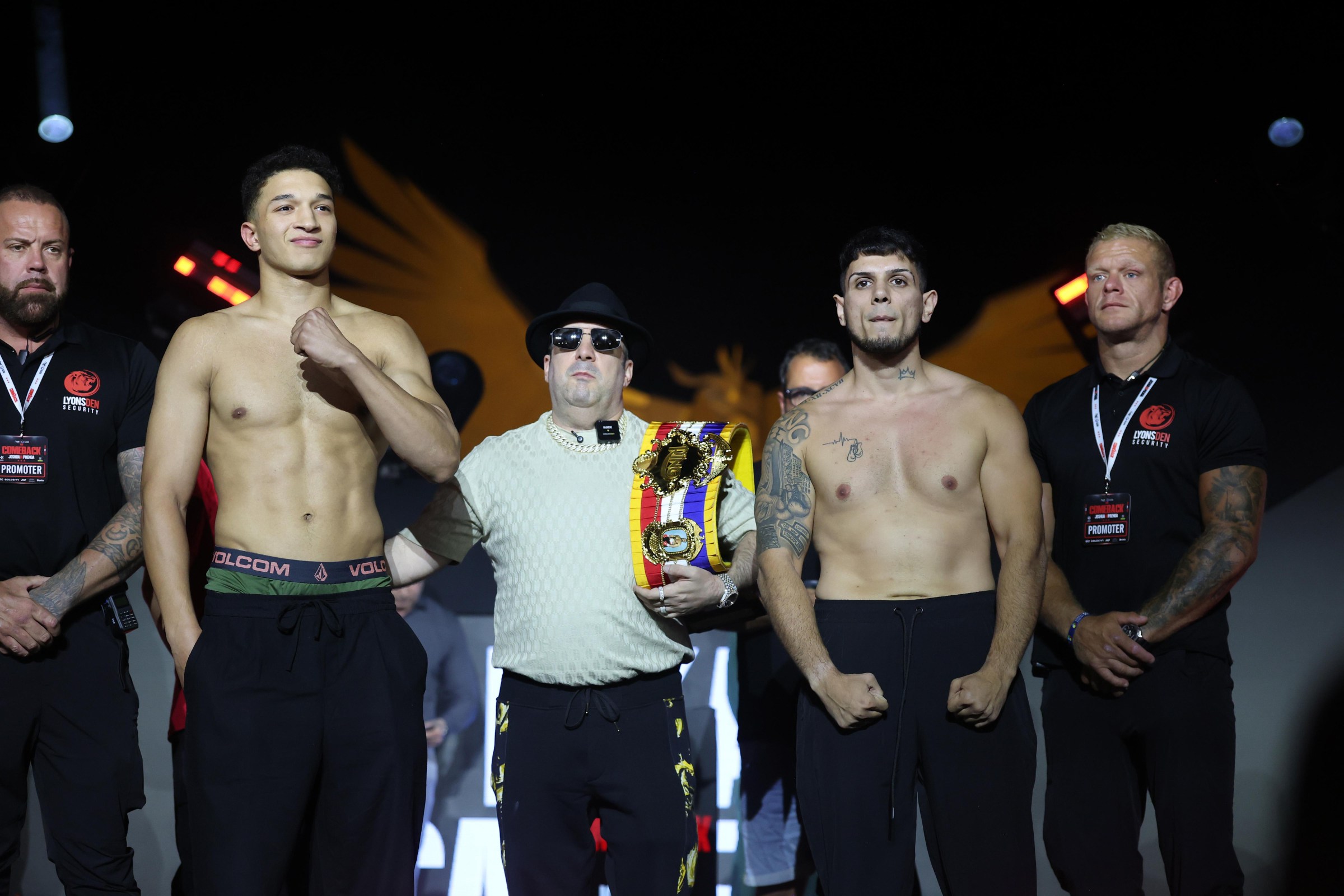 JEDDAH, SAUDI ARABIA - JULY 24: Omar Hikal and Brian Castellano Middleweight boxers face off during the Anthony Joshua v Kristian Prenga: The Comeback weigh in at Jeddah Promenade on July 24, 2026 in Jeddah, . (Photo by Richard Pelham/Getty Images)