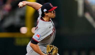 Cleveland Guardians pitcher Joey Cantillo throws to the Texas Rangers in the first inning of a baseball game in Arlington, Texas, Sunday, June 7, 2026. (AP Photo/Tony Gutierrez)