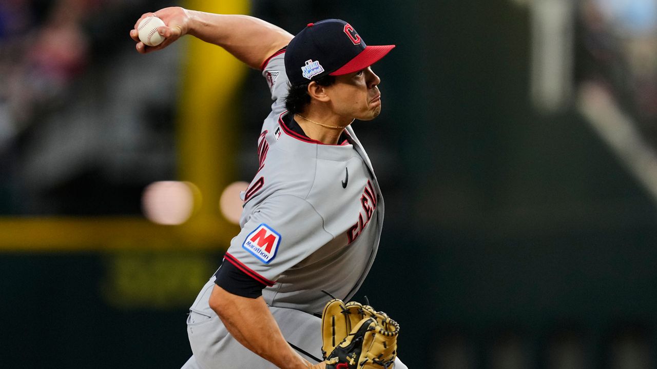 Cleveland Guardians pitcher Joey Cantillo throws to the Texas Rangers in the first inning of a baseball game in Arlington, Texas, Sunday, June 7, 2026. (AP Photo/Tony Gutierrez)