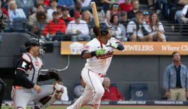 Cleveland Guardians' Jose Ramirez watches his RBI single off Minnesota Twins starting pitcher Bailey Ober as Alex Jackson looks on during the second inning of a baseball game, Wednesday, July 22, 2026, in Cleveland. (AP Photo/Phil Long)