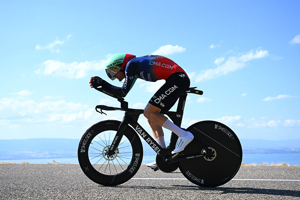 THONON-LES-BAINS, FRANCE - JULY 21: Paul Seixas of France and Decathlon CMA CGM Team competes during the 113th Tour de France 2026, Stage 16 a 26.1km individual time trial stage from Evian-les-Bains to Thonon-les-Bains / #UCIWT / on July 21, 2026 in Thonon-les-Bains, France. (Photo by Tim de Waele/Getty Images)
