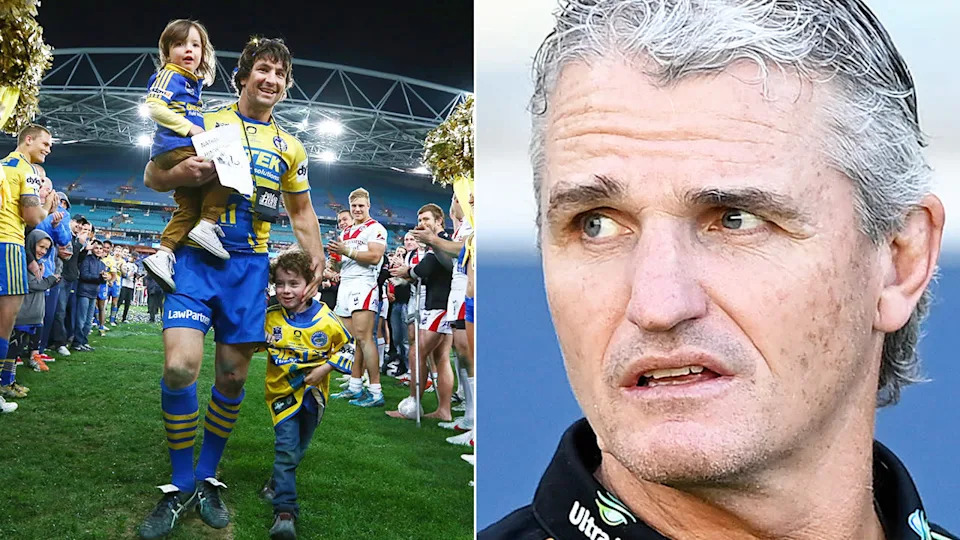 Nathan Hindmarsh is farewelled and Ivan Cleary reacts during a game.