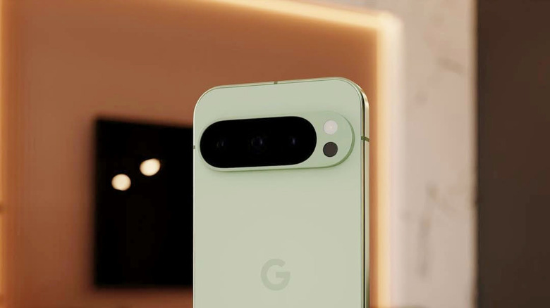 A Google Pixel 10 Pro placed vertically on a flat surface