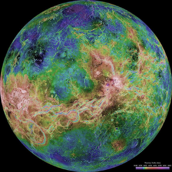 This hemispheric view of Venus was created using radar observations, including images from NASA’s Magellan spacecraft. Magellan imaged more than 98% of Venus. Gaps in the Magellan coverage were filled with images from the Earth-based Arecibo radar. The composite image was processed to improve contrast and to emphasize small features, and was color-coded to represent elevation. Magellan launched on May 4, 1989, and was deployed from the cargo bay of Space Shuttle Atlantis on May 5, 1989. The spacecraft orbited Venus from August 10, 1990, until October 13, 1994 when the spacecraft was commanded to plunge into the atmosphere of Venus. Image credit: NASA / JPL-Caltech / USGS.
