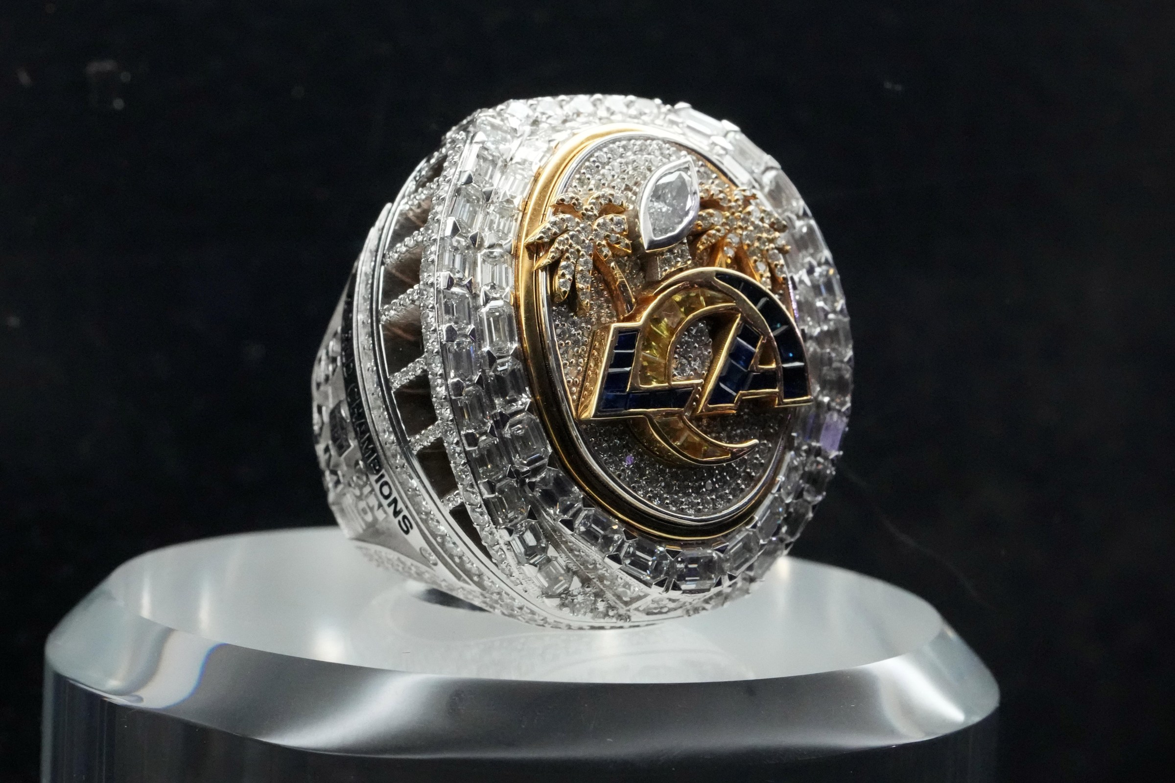 Feb 5, 2025; New Orleans, LA, USA; The Super Bowl 56 ring to commemorate the Los Angeles Rams 23-20 victory over the Cincinnati Bengals in Super Bowl LVI at SoFi Stadium in Inglewood, Calif. on Feb. 12, 2022. Mandatory Credit: Kirby Lee-Imagn Images