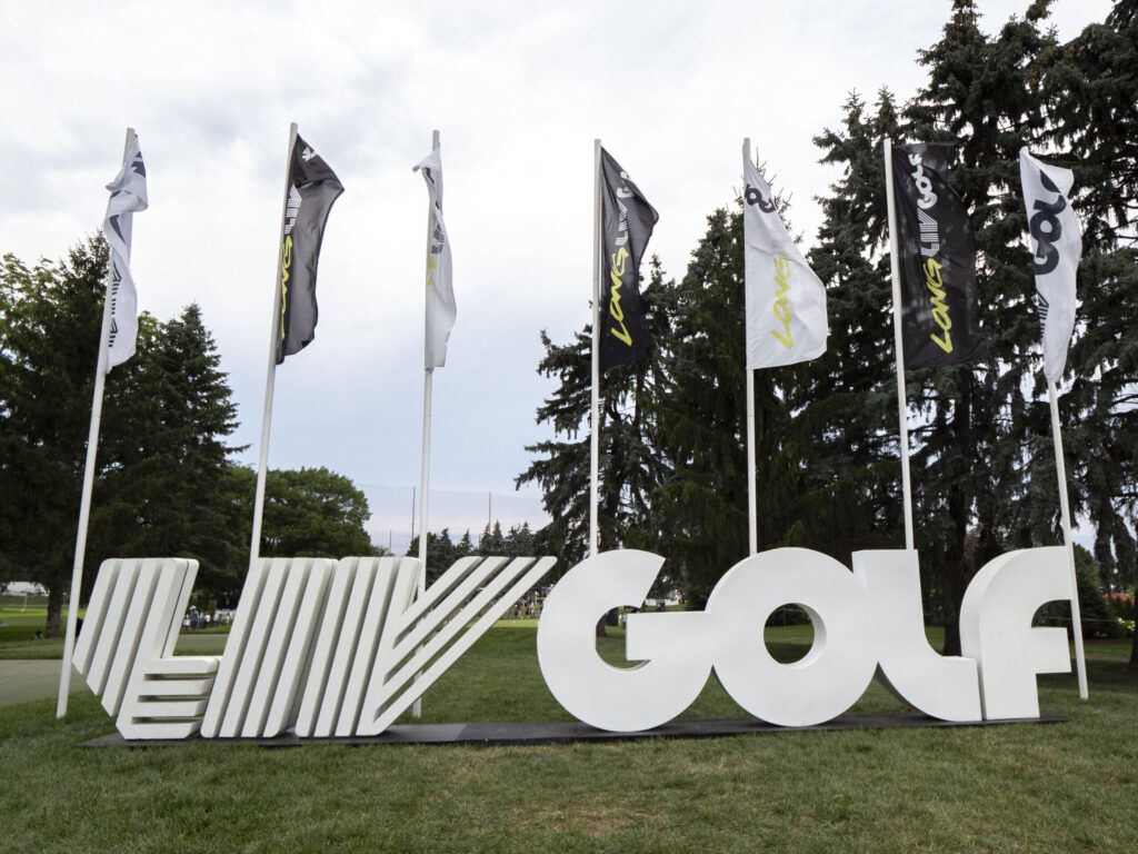 PLYMOUTH, MI - AUGUST 23: The LIV GOLF logo is pictured during round two of the LIV Golf Team Championship Michigan at The Cardinal at Saint John s Resort in Plymouth, MI on August 23, 2025. Photo by Joseph Weiser/Icon Sportswire GOLF: AUG 23 LIV Golf Team Championship Michigan EDITORIAL USE ONLY Icon25082314