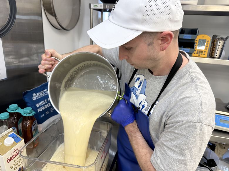 Sadboy Creamery owner Michael Kimball experiments a base for a new ice cream flavor on June 17, 2026 in Denver.
