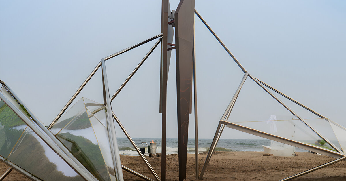 interconnected metal rods form a winged installation on china's coastline